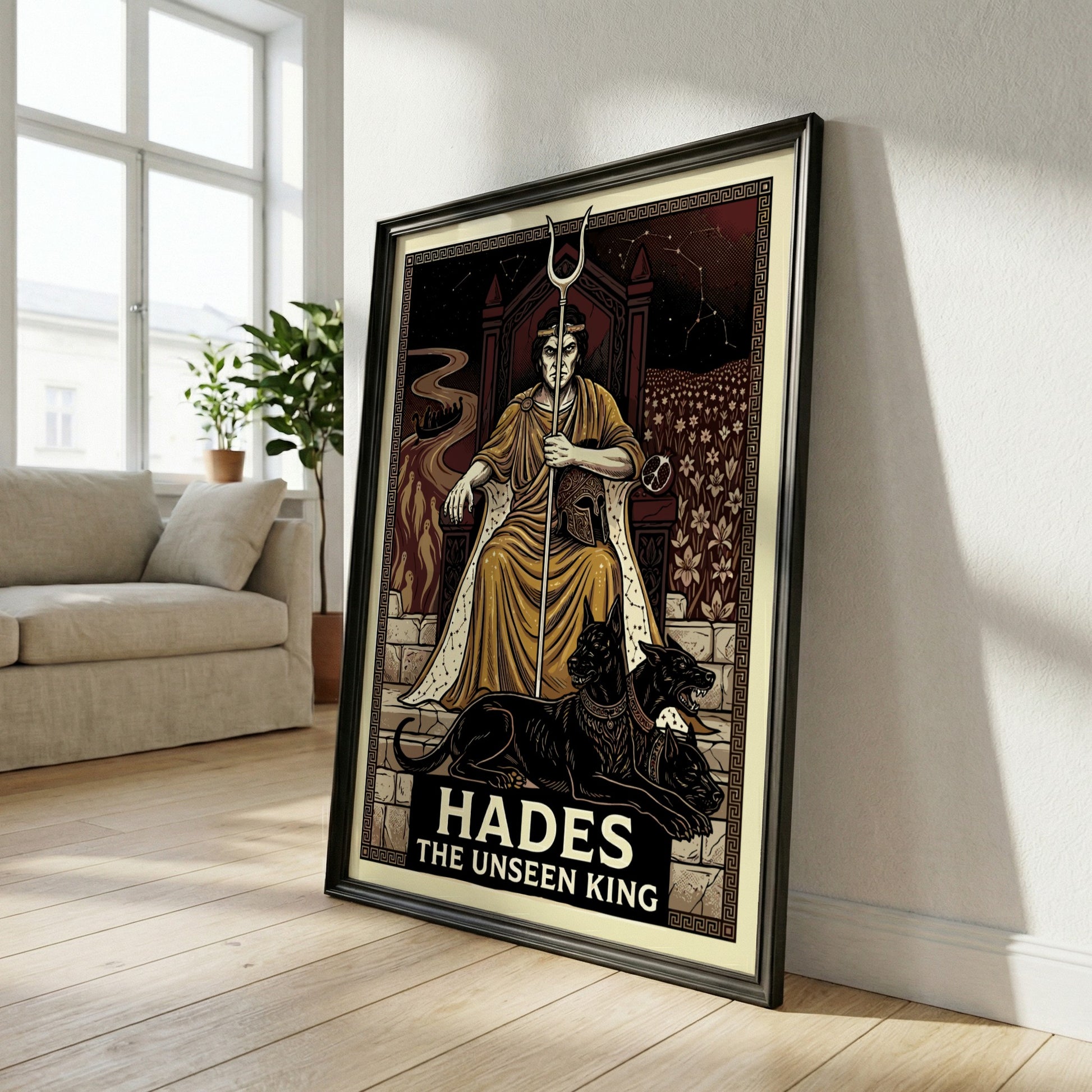 Hades Greek Mythology poster featuring the god on his throne with Cerberus and underworld imagery, dark