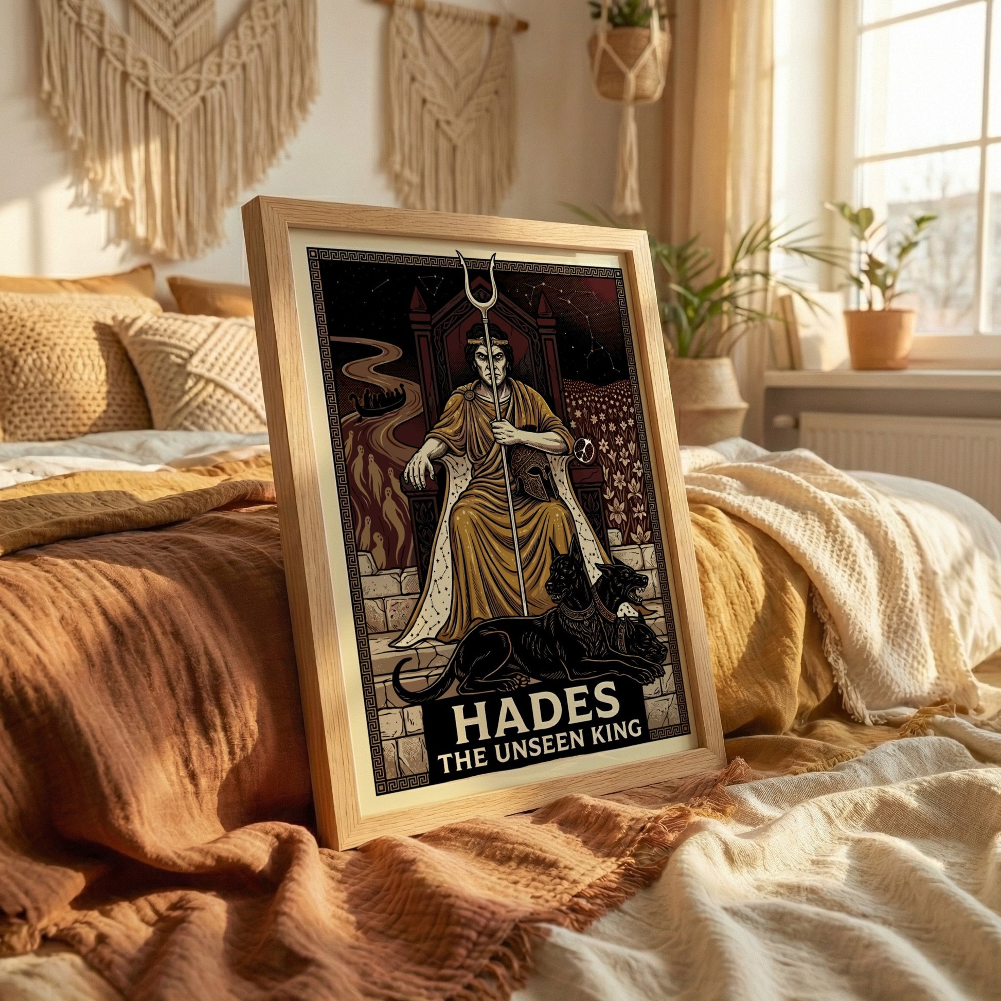 Hades Greek Mythology poster featuring the god on his throne with Cerberus and underworld imagery, dark