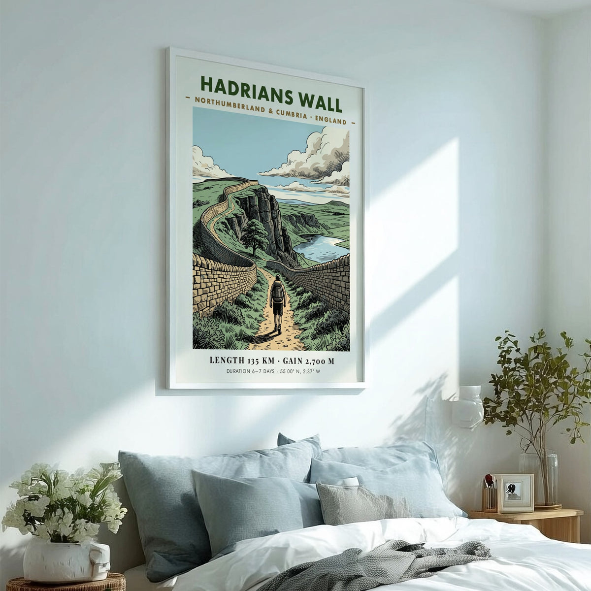 Poster of Hadrians Wall in England featuring a hiker on a stone path.