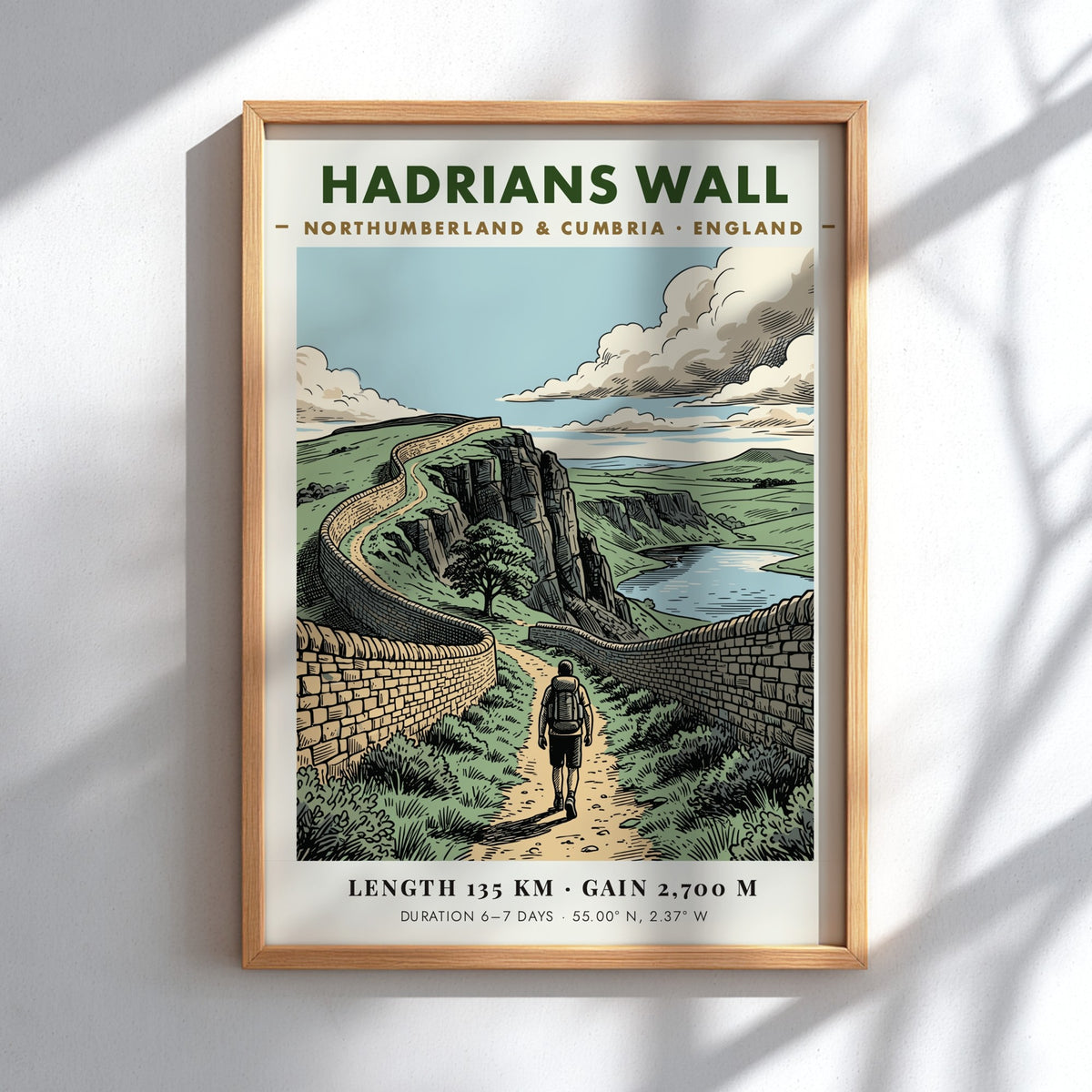Poster of Hadrians Wall in England featuring a hiker on a stone path.