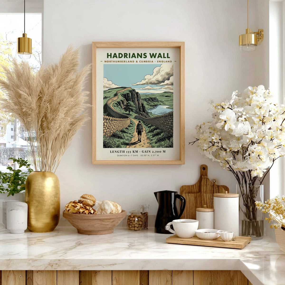 Poster of Hadrians Wall in England featuring a hiker on a stone path.