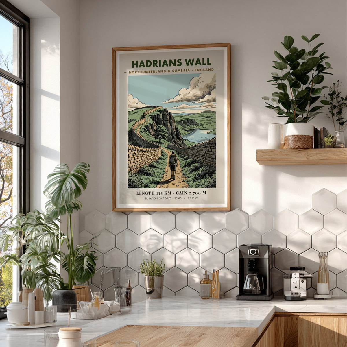 Poster of Hadrians Wall in England featuring a hiker on a stone path.