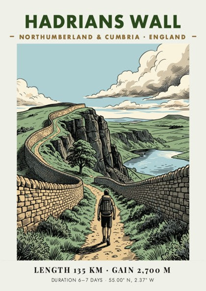 Poster of Hadrians Wall in England featuring a hiker on a stone path.
