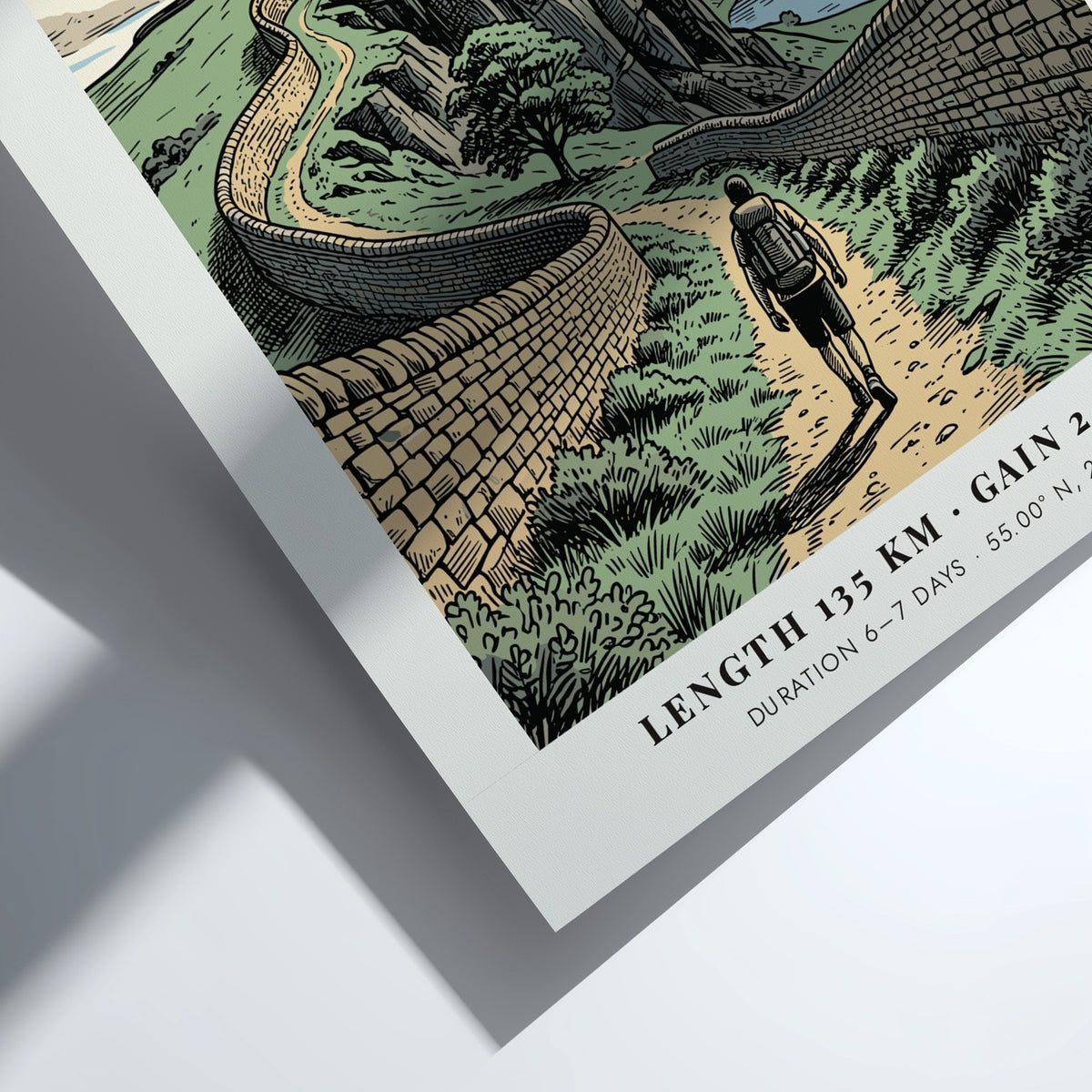 Poster of Hadrians Wall in England featuring a hiker on a stone path.