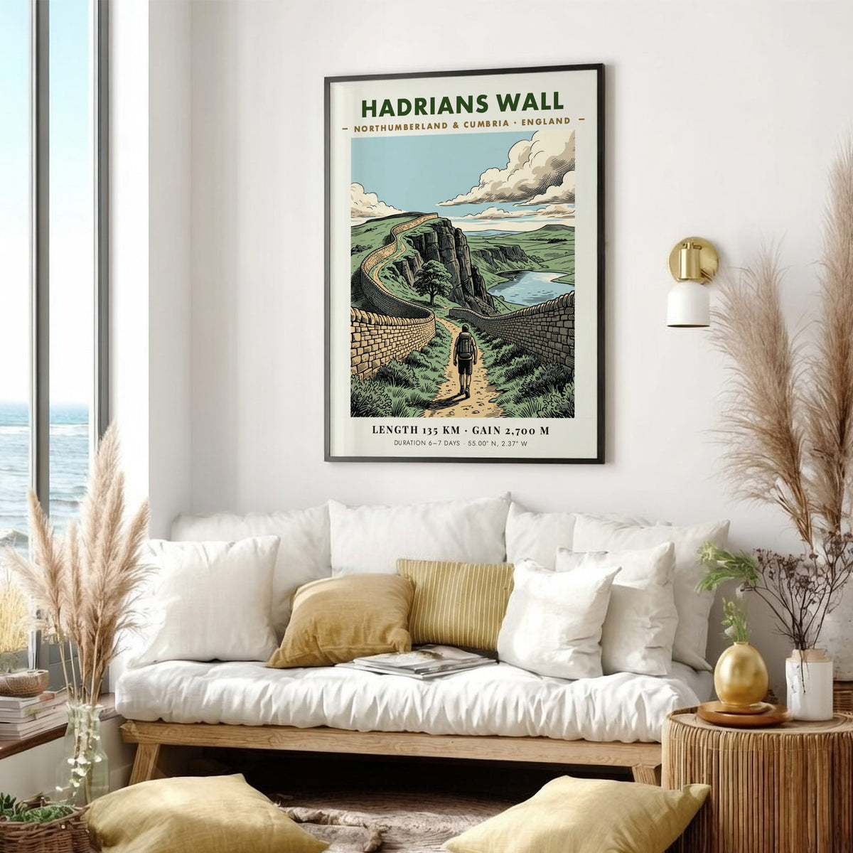Poster of Hadrians Wall in England featuring a hiker on a stone path.