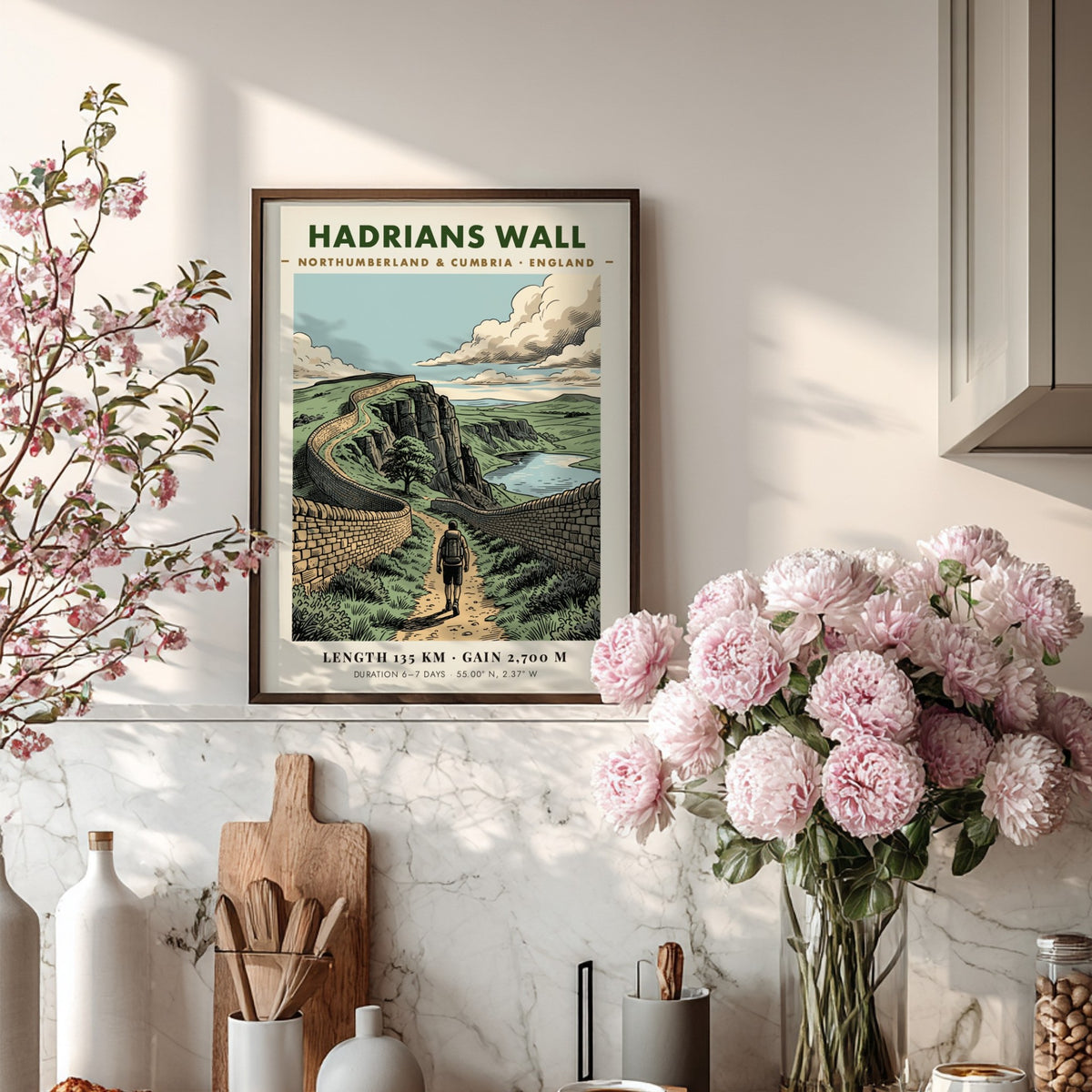 Poster of Hadrians Wall in England featuring a hiker on a stone path.