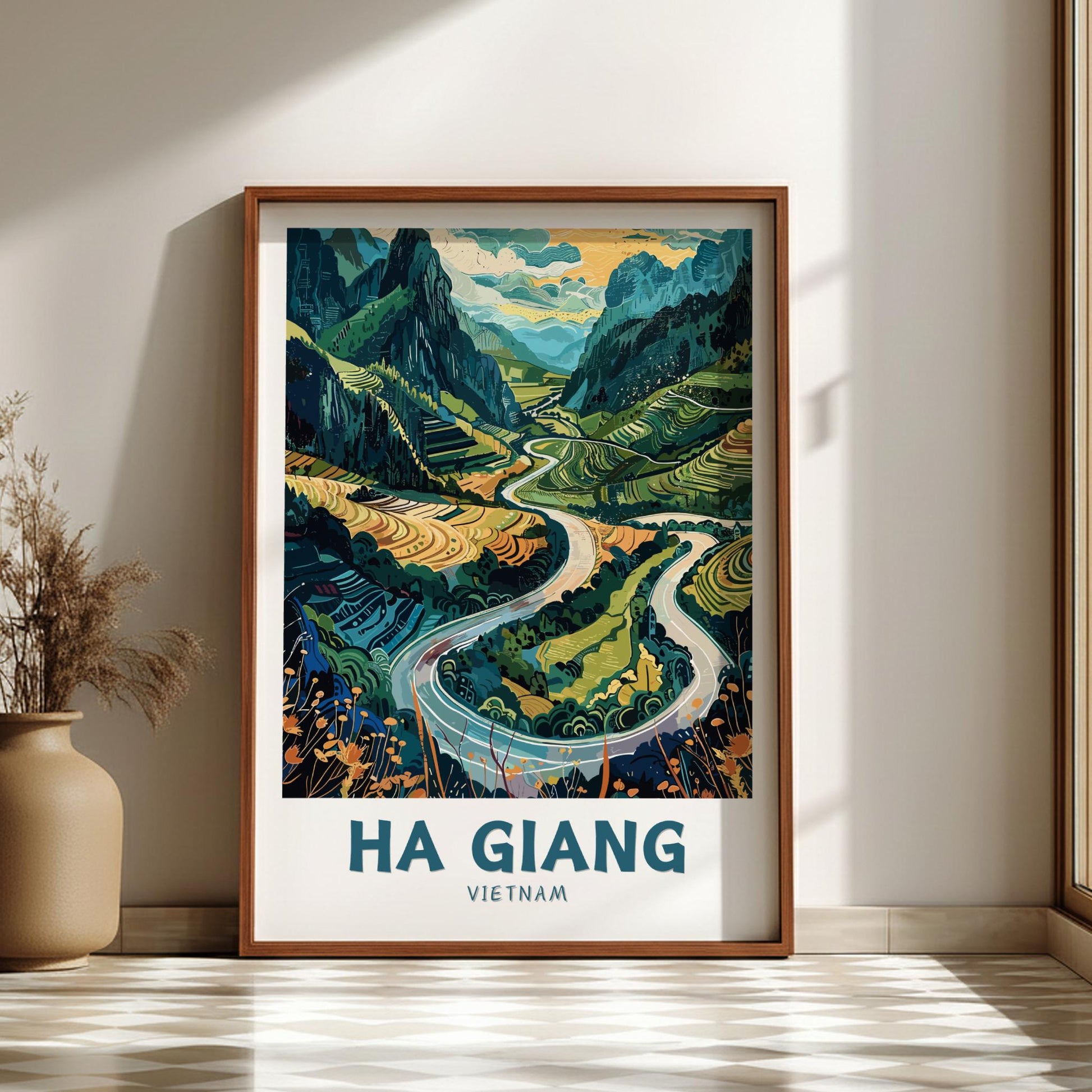 Framed artwork of Ha Giang, Vietnam with a scenic landscape on a wall.