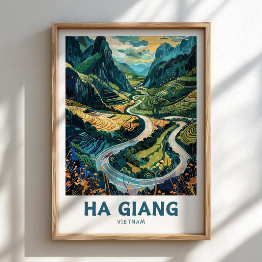 Framed artwork of a scenic landscape with 'Ha Giang Vietnam' text on a white wall.