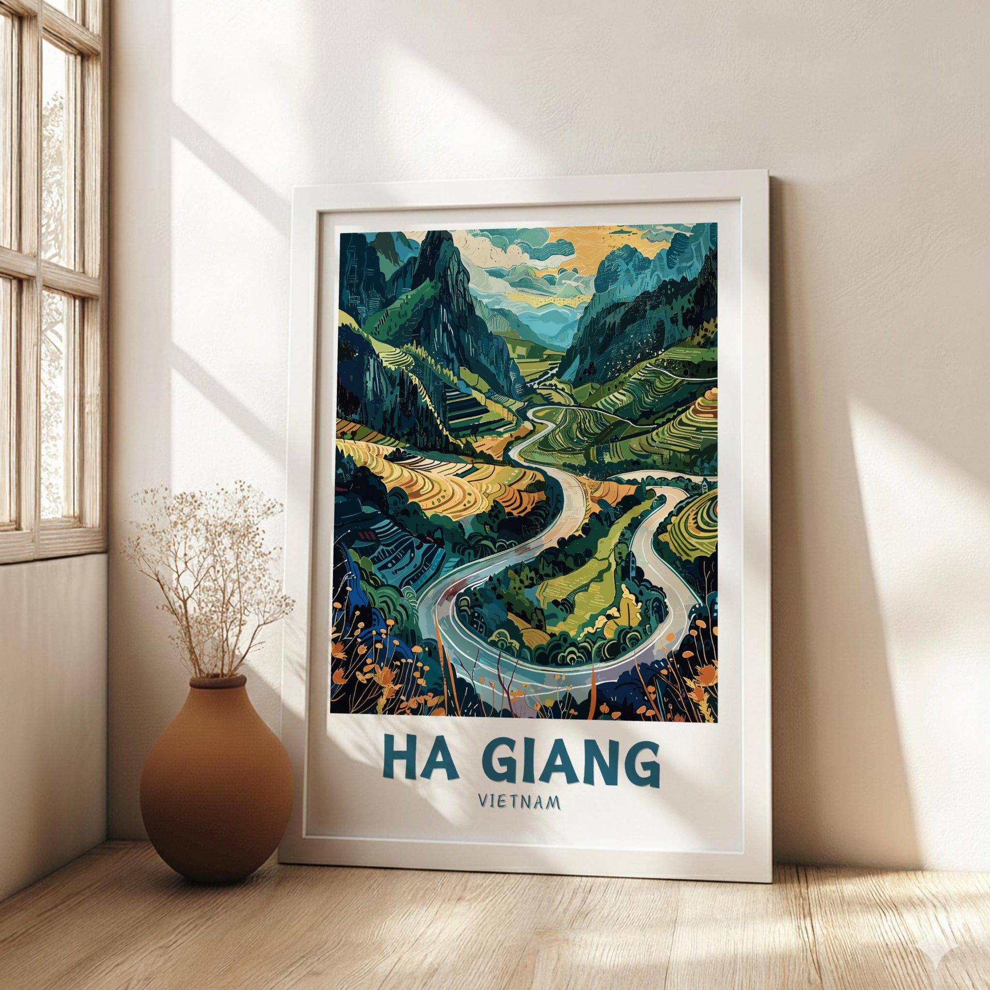 Framed artwork of Ha Giang, Vietnam with a scenic landscape on a wall.