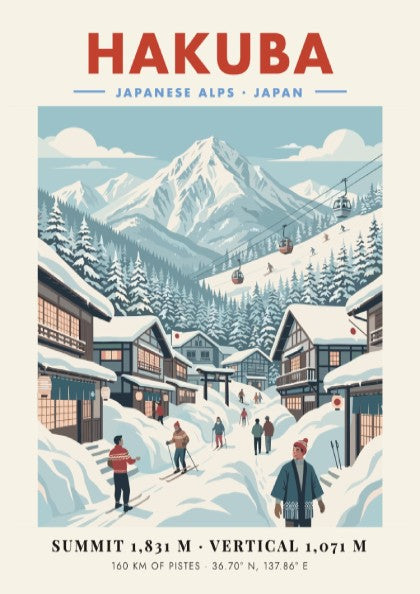 Vintage ski resort poster featuring Hakuba in the Japanese Alps with snowy mountains and a charming village