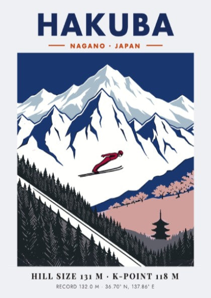 Poster of a ski jumper mid-air over the snowy mountains of Hakuba Nagano Japan