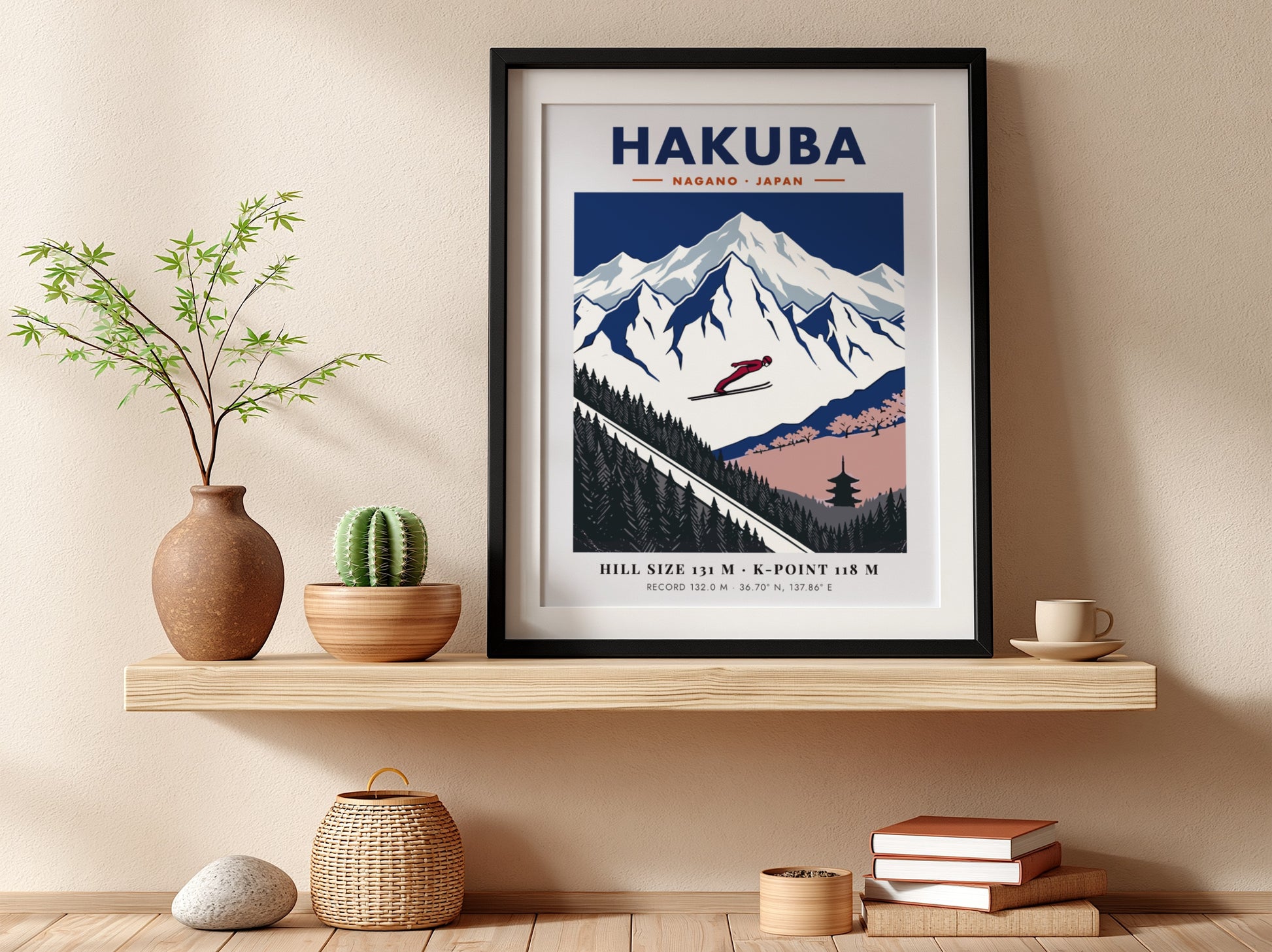 Poster showing a ski jumper flying over snowy mountains and a Japanese pagoda