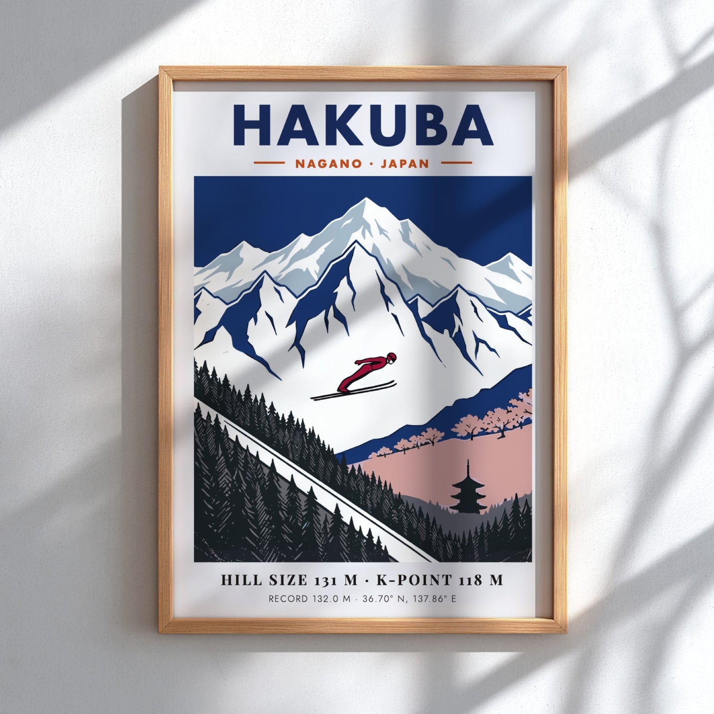 Poster showing a ski jumper flying over snowy mountains and a Japanese pagoda