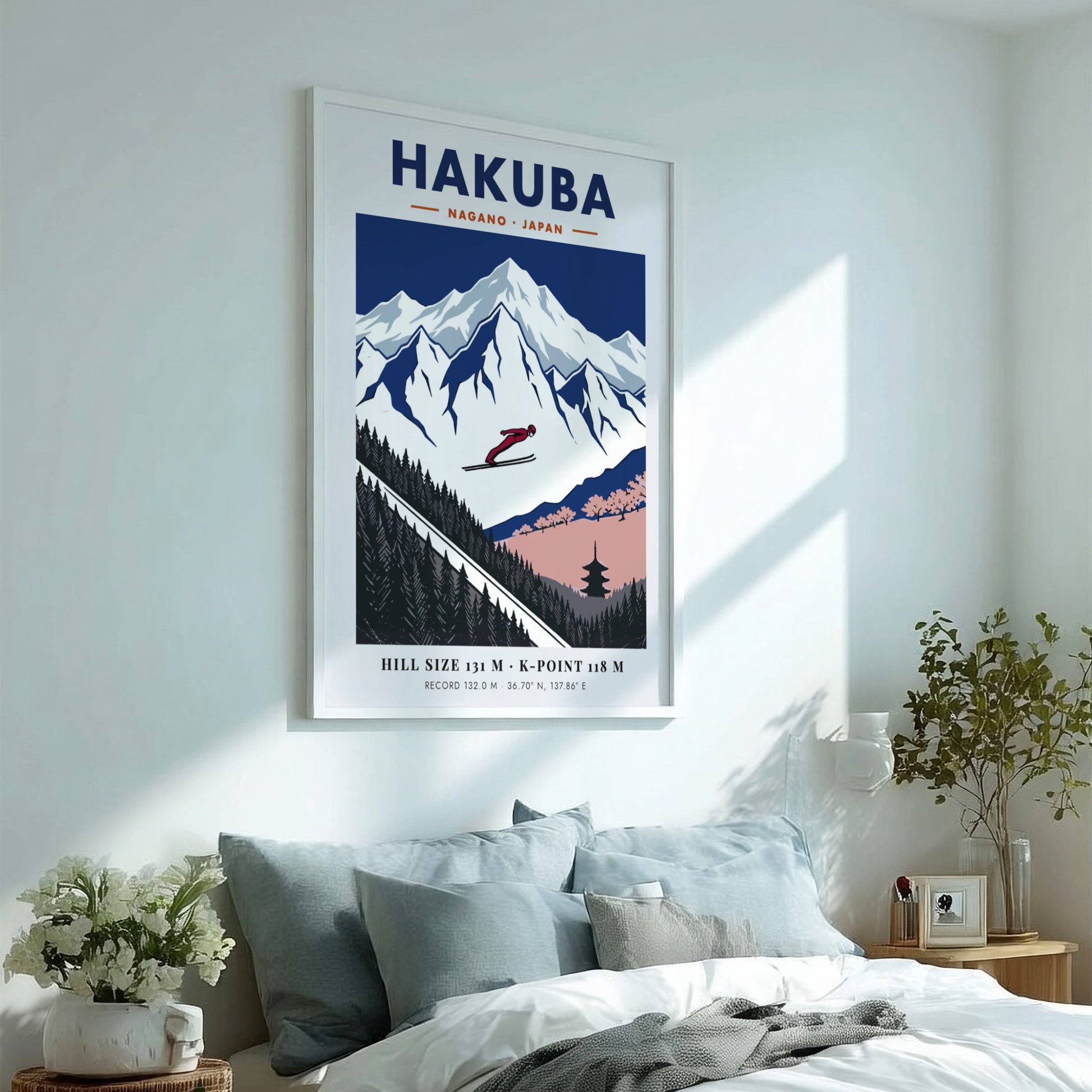 Poster of a ski jumper mid-air over the snowy mountains of Hakuba Nagano Japan