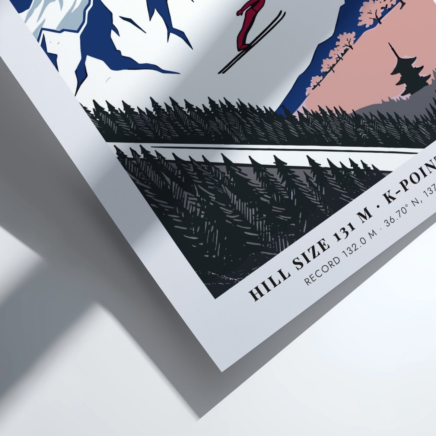 Poster showing a ski jumper flying over snowy mountains and a Japanese pagoda