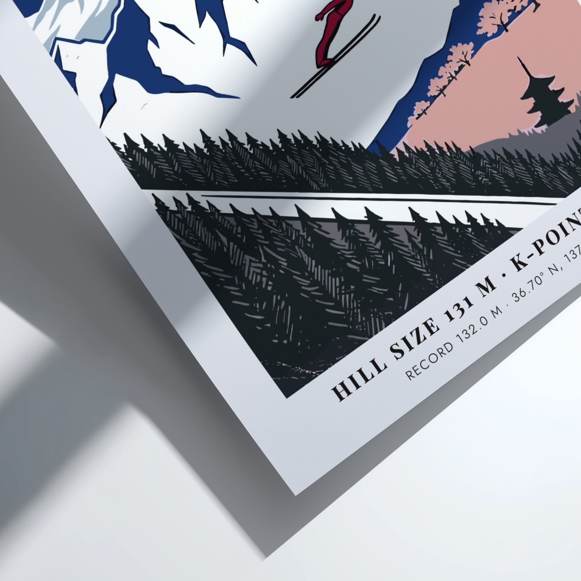 Poster showing a ski jumper flying over snowy mountains and a Japanese pagoda