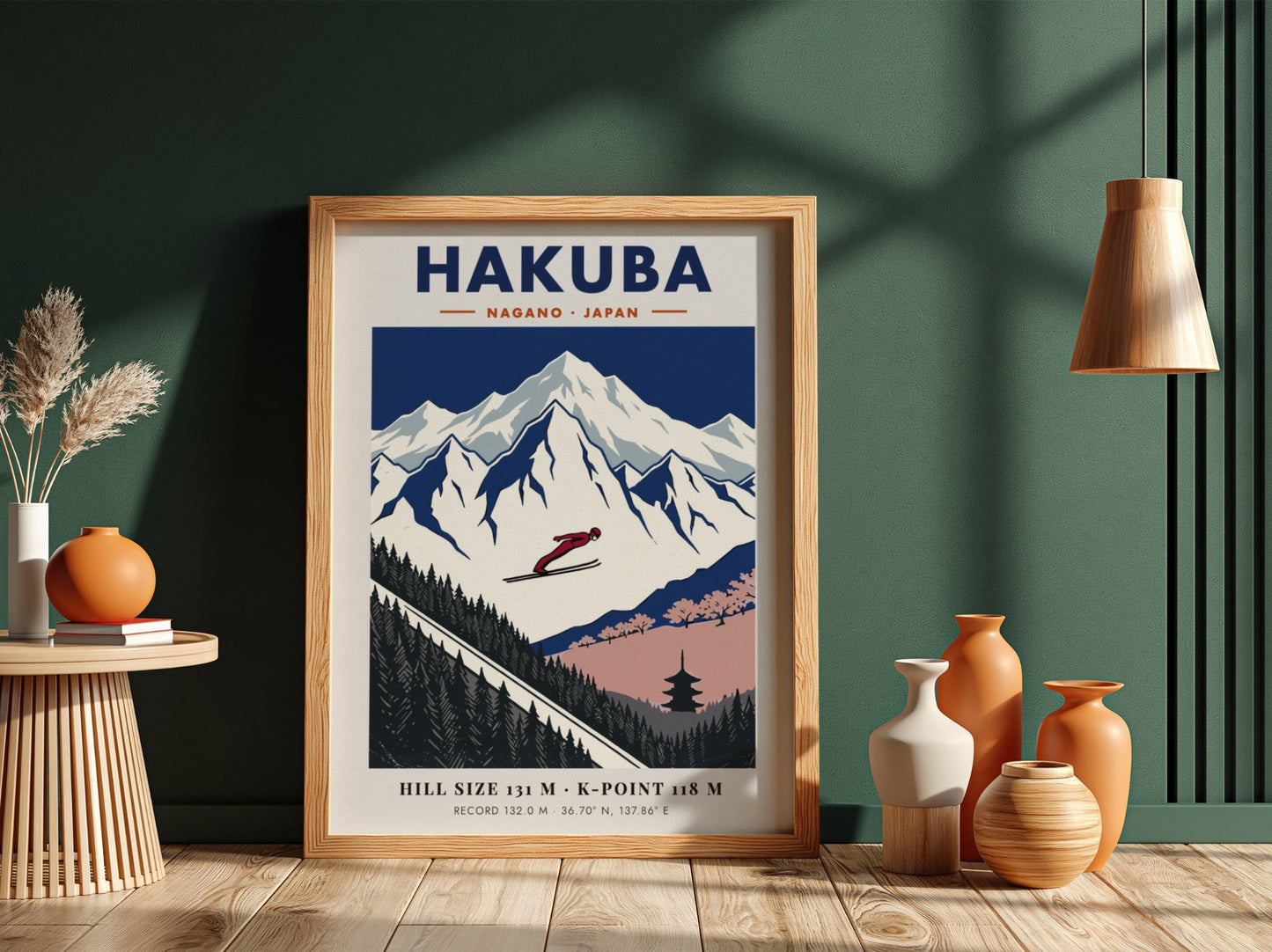 Poster showing a ski jumper flying over snowy mountains and a Japanese pagoda