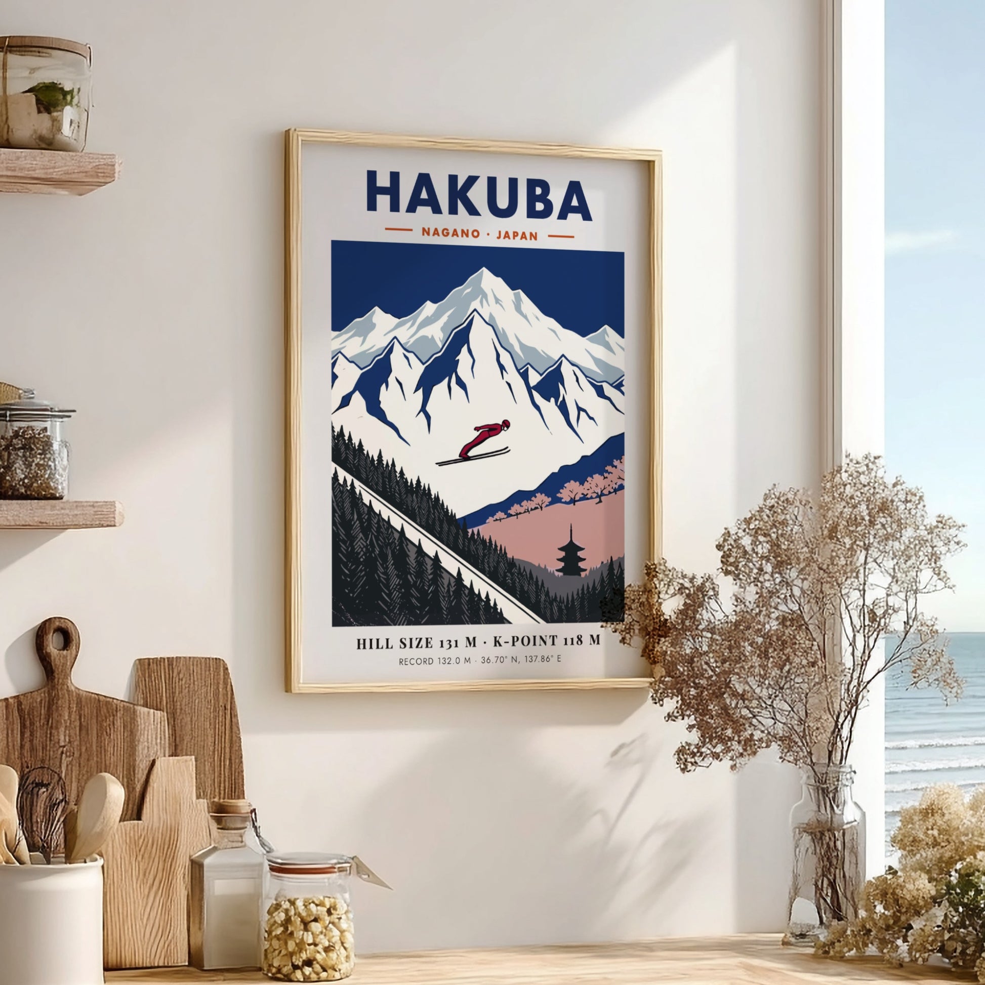 Poster of a ski jumper mid-air over the snowy mountains of Hakuba Nagano Japan