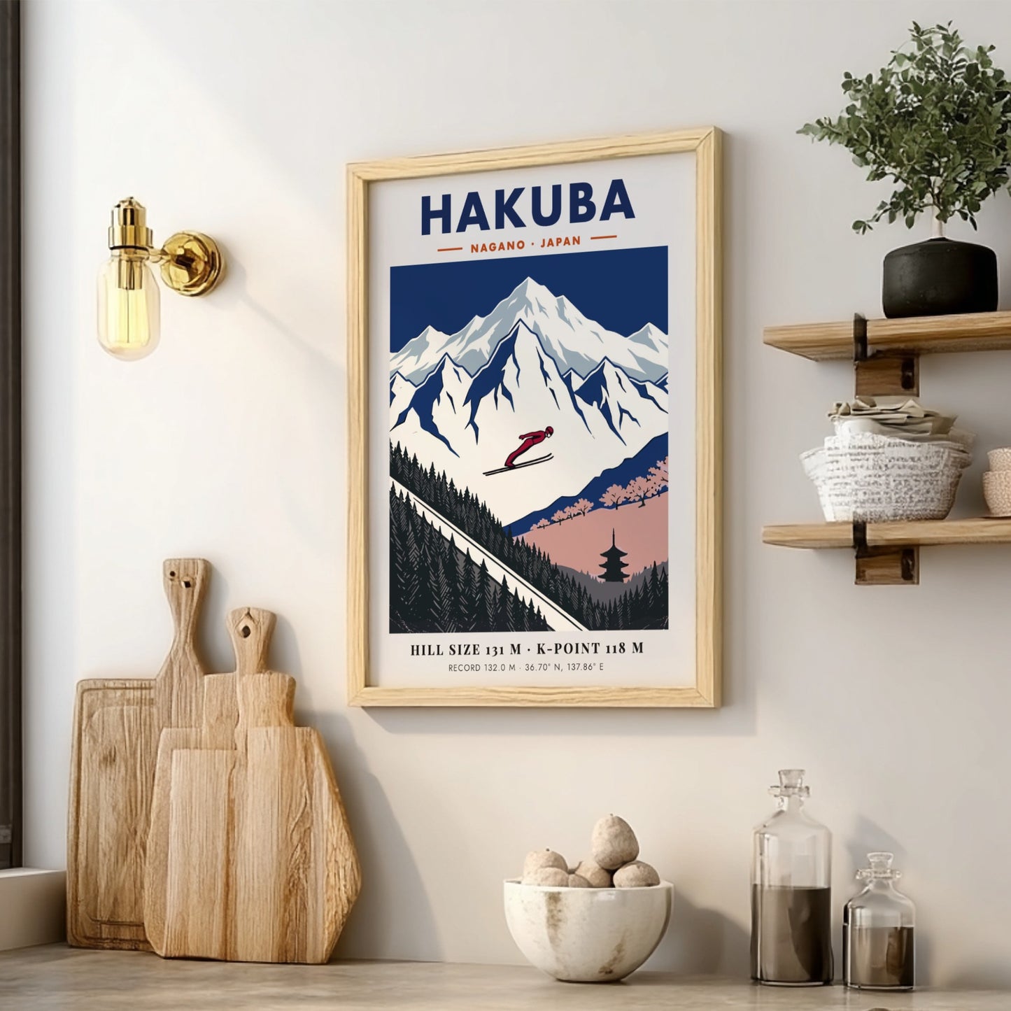 Poster showing a ski jumper flying over snowy mountains and a Japanese pagoda