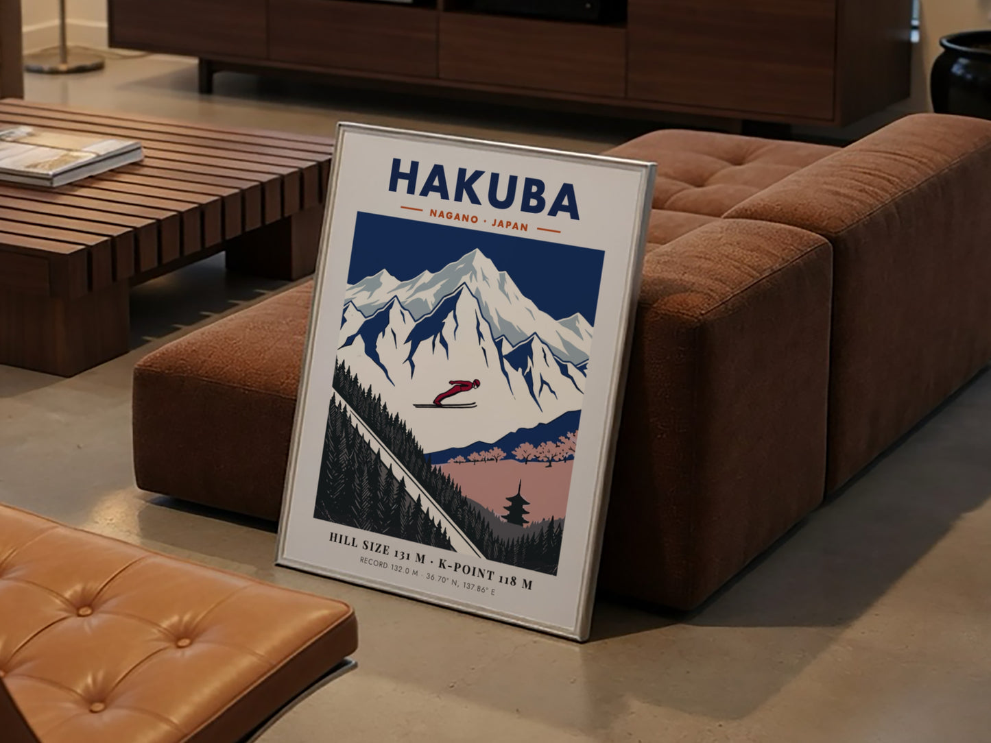 Poster of a ski jumper mid-air over the snowy mountains of Hakuba Nagano Japan
