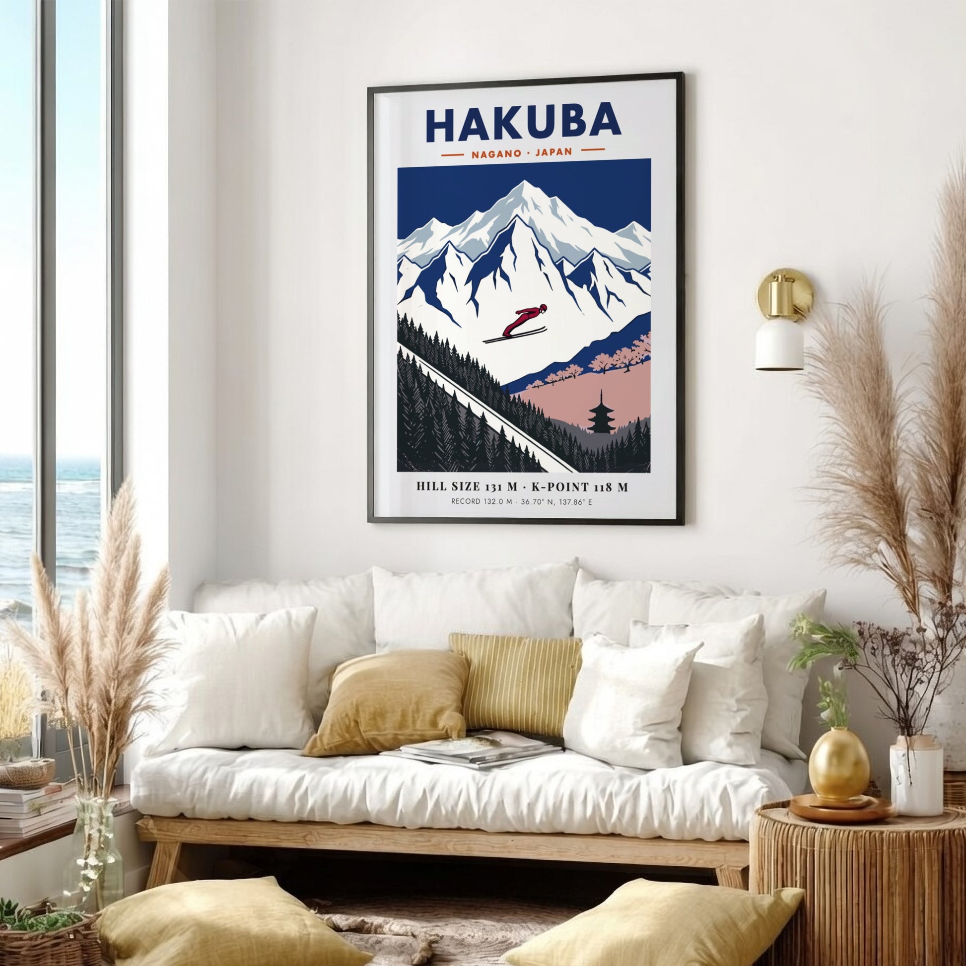 Poster of a ski jumper mid-air over the snowy mountains of Hakuba Nagano Japan