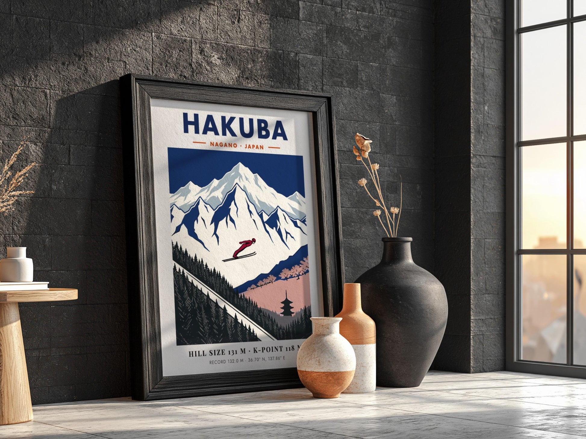 Poster of a ski jumper mid-air over the snowy mountains of Hakuba Nagano Japan