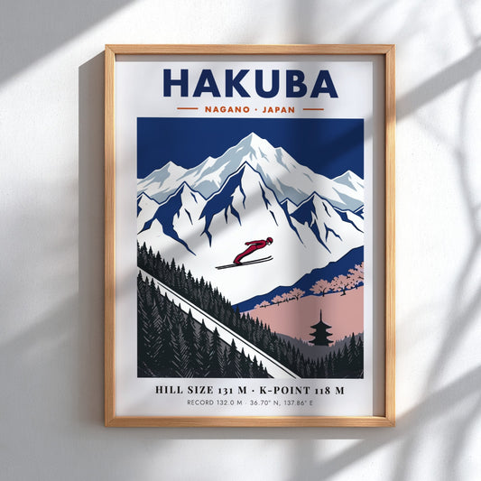 Poster of a ski jumper mid-air over the snowy mountains of Hakuba Nagano Japan
