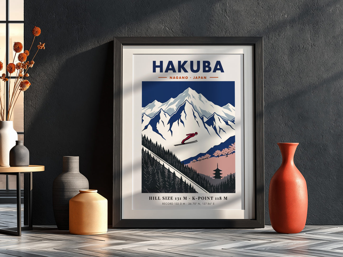 Poster showing a ski jumper flying over snowy mountains and a Japanese pagoda
