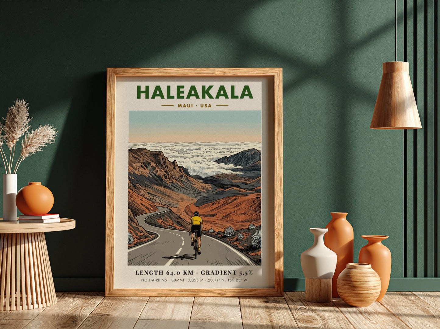 Poster featuring a cyclist climbing the winding road to the summit of Haleakala, Maui.