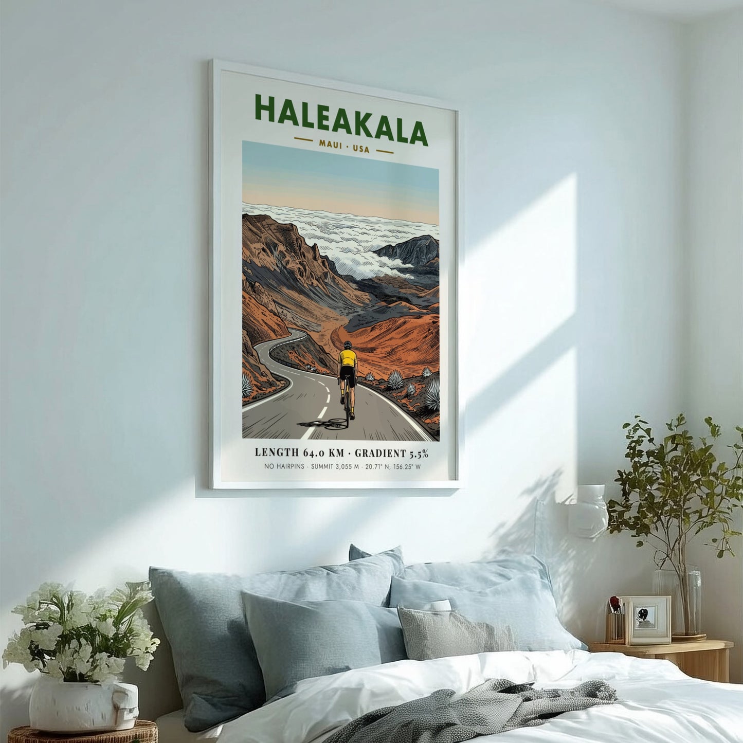 Poster featuring a cyclist climbing the winding road to the summit of Haleakala, Maui.