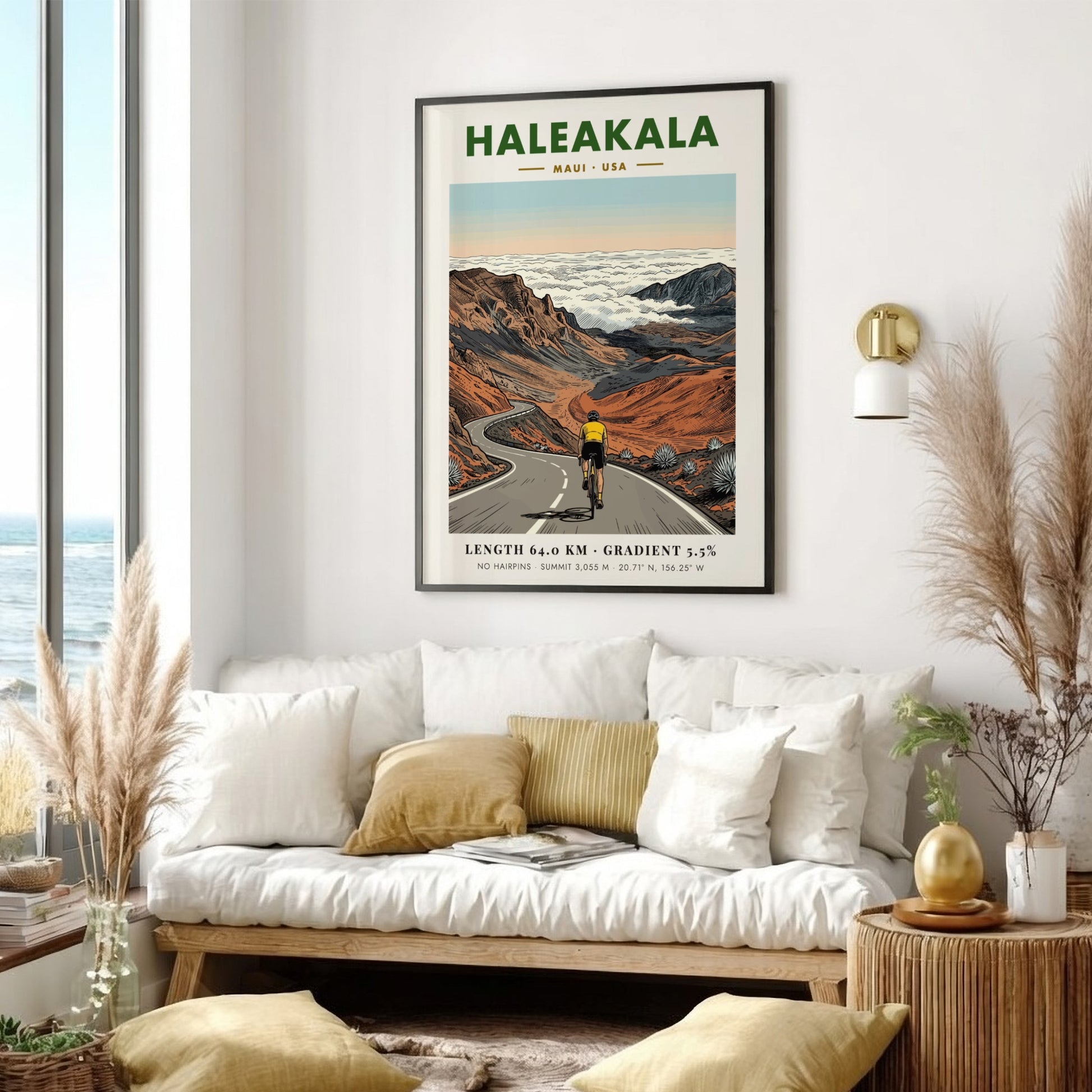Poster featuring a cyclist climbing the winding road to the summit of Haleakala, Maui.