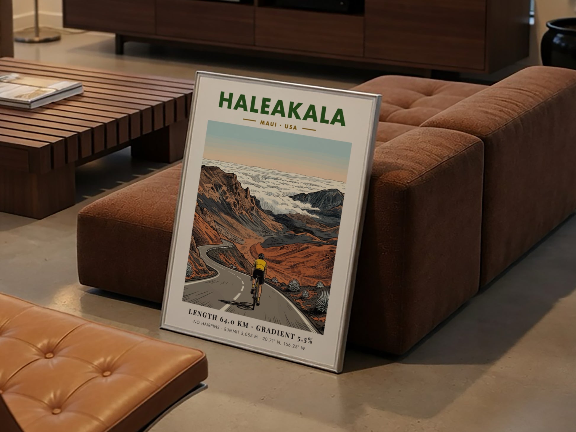 Poster featuring a cyclist climbing the winding road to the summit of Haleakala, Maui.