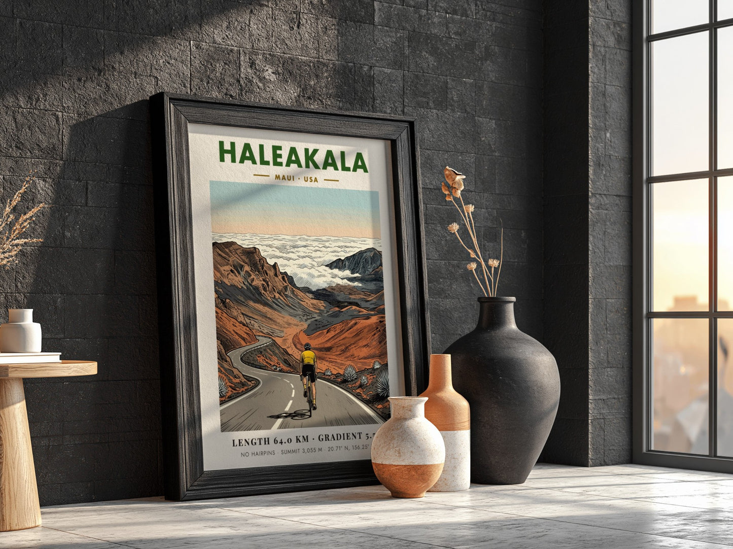 Poster featuring a cyclist climbing the winding road to the summit of Haleakala, Maui.