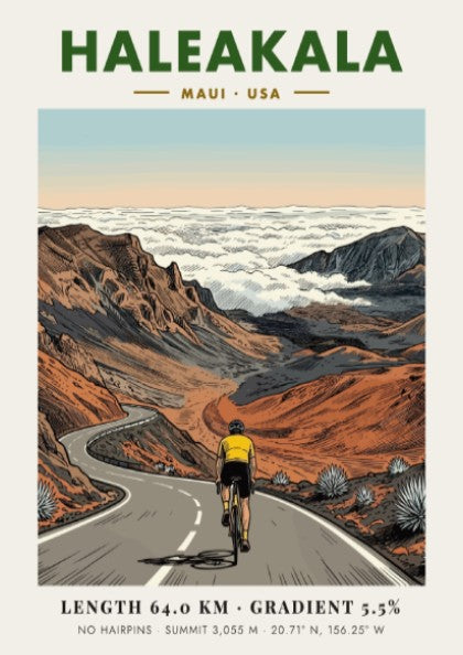 Poster featuring a cyclist climbing the winding road to the summit of Haleakala, Maui.