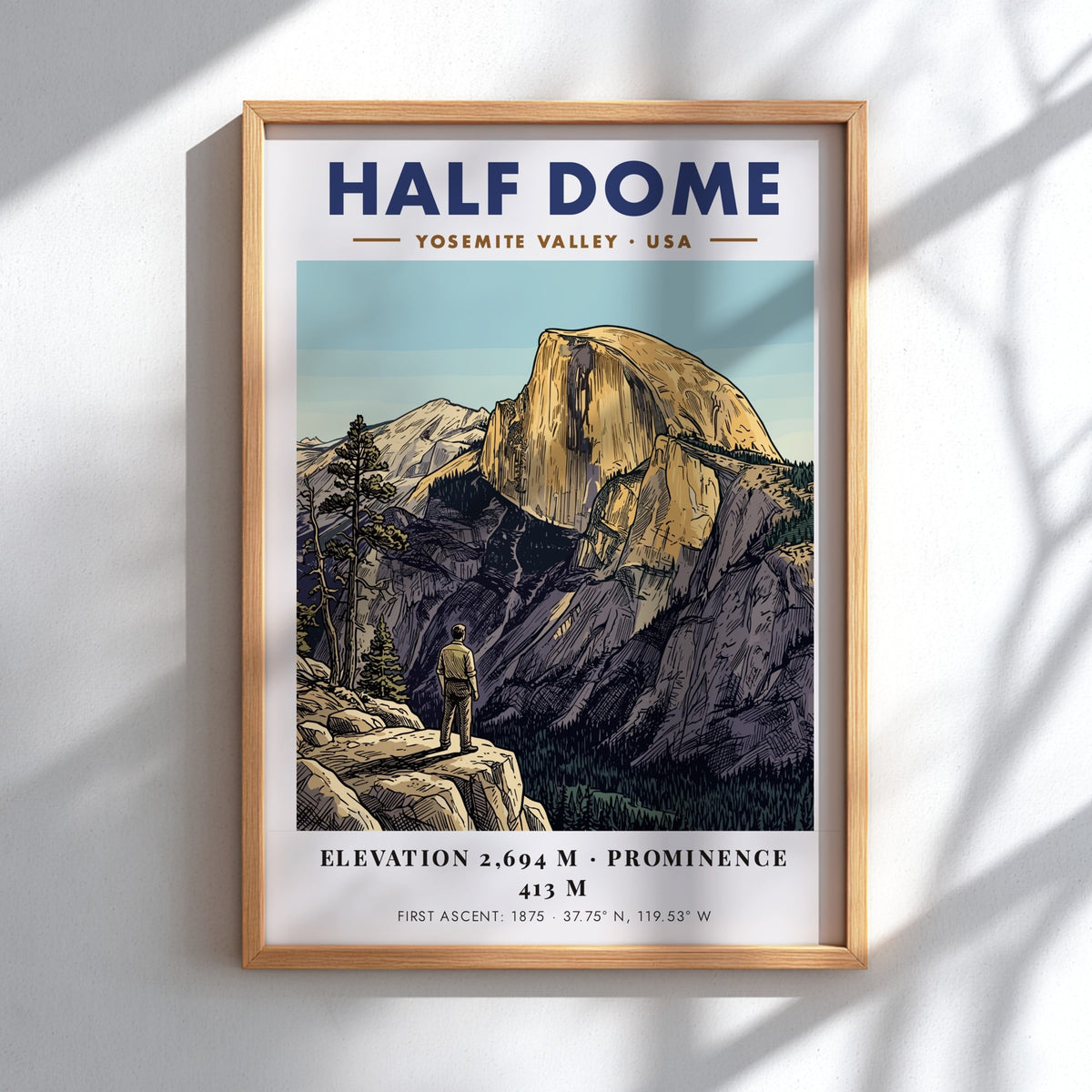 Half Dome Yosemite Valley poster showing a hiker looking at the golden mountain peak.