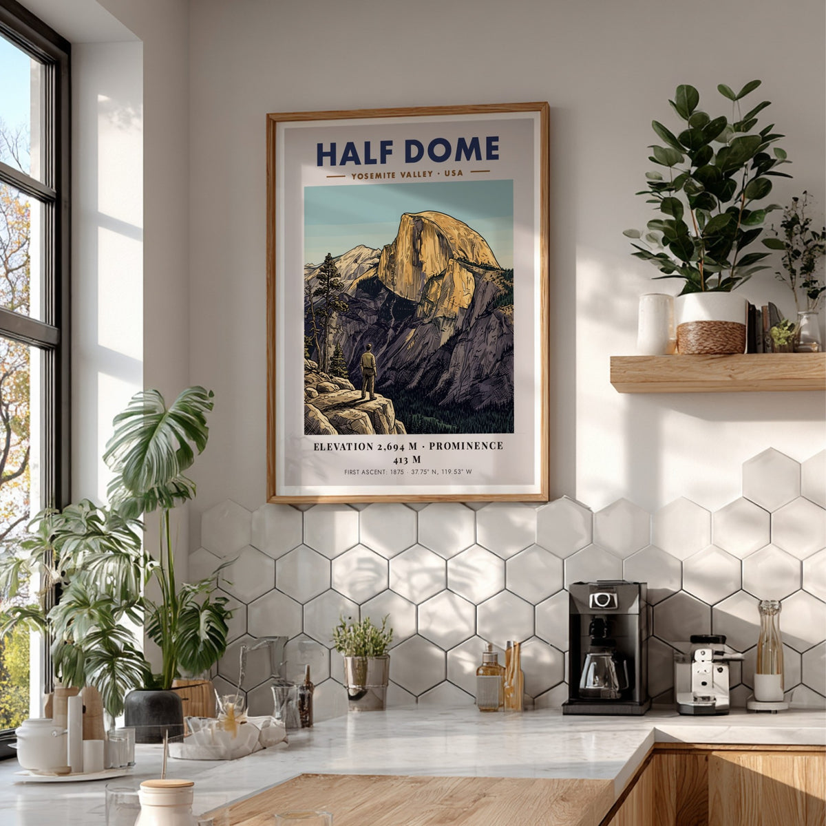 Half Dome Yosemite Valley poster showing a hiker looking at the golden mountain peak.