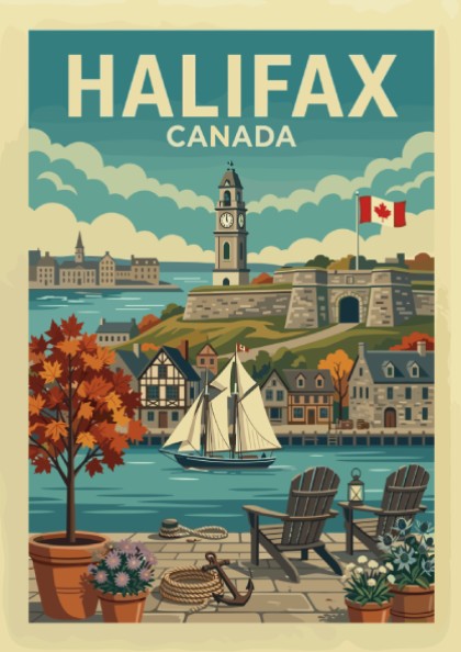 Vintage travel poster of Halifax Harbour, Canada, featuring a sailboat and clock tower.