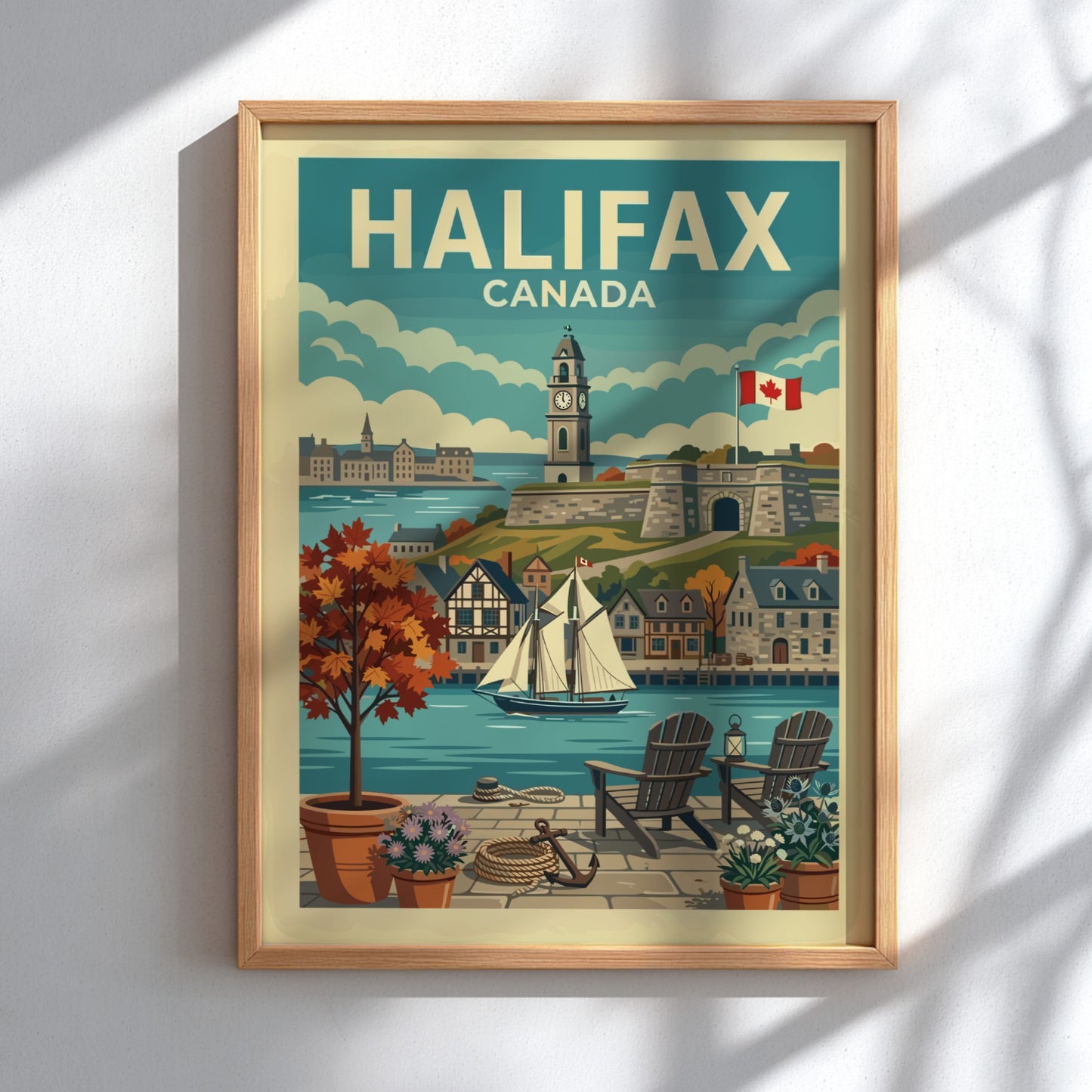Vintage travel poster of Halifax Harbour, Canada, featuring a sailboat and clock tower.