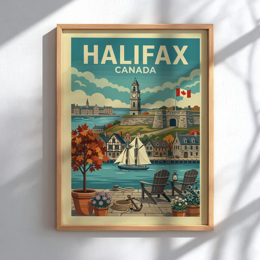Vintage travel poster of Halifax Harbour, Canada, featuring a sailboat and clock tower.