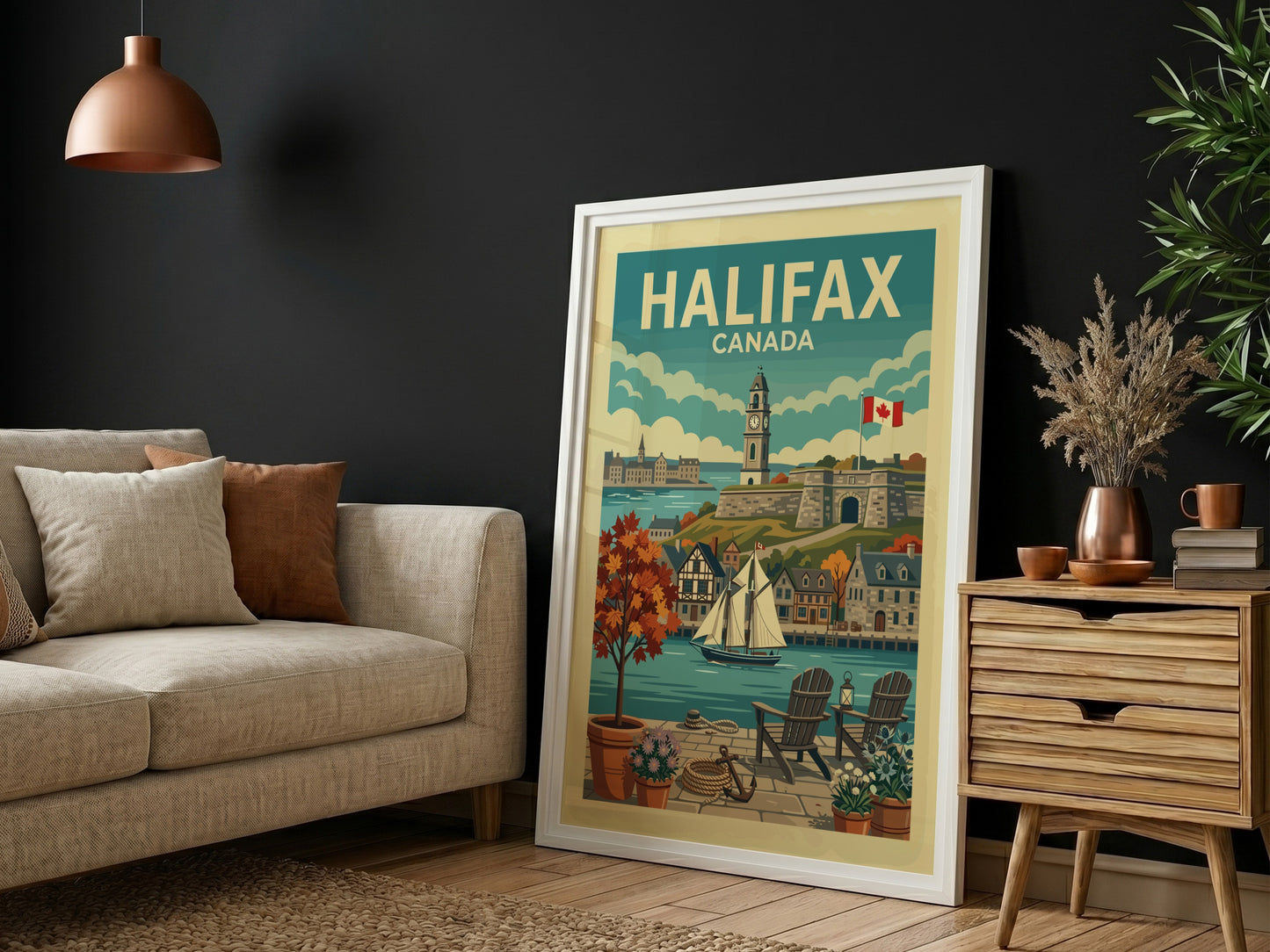 Vintage travel poster of Halifax Harbour, Canada, featuring a sailboat and clock tower.