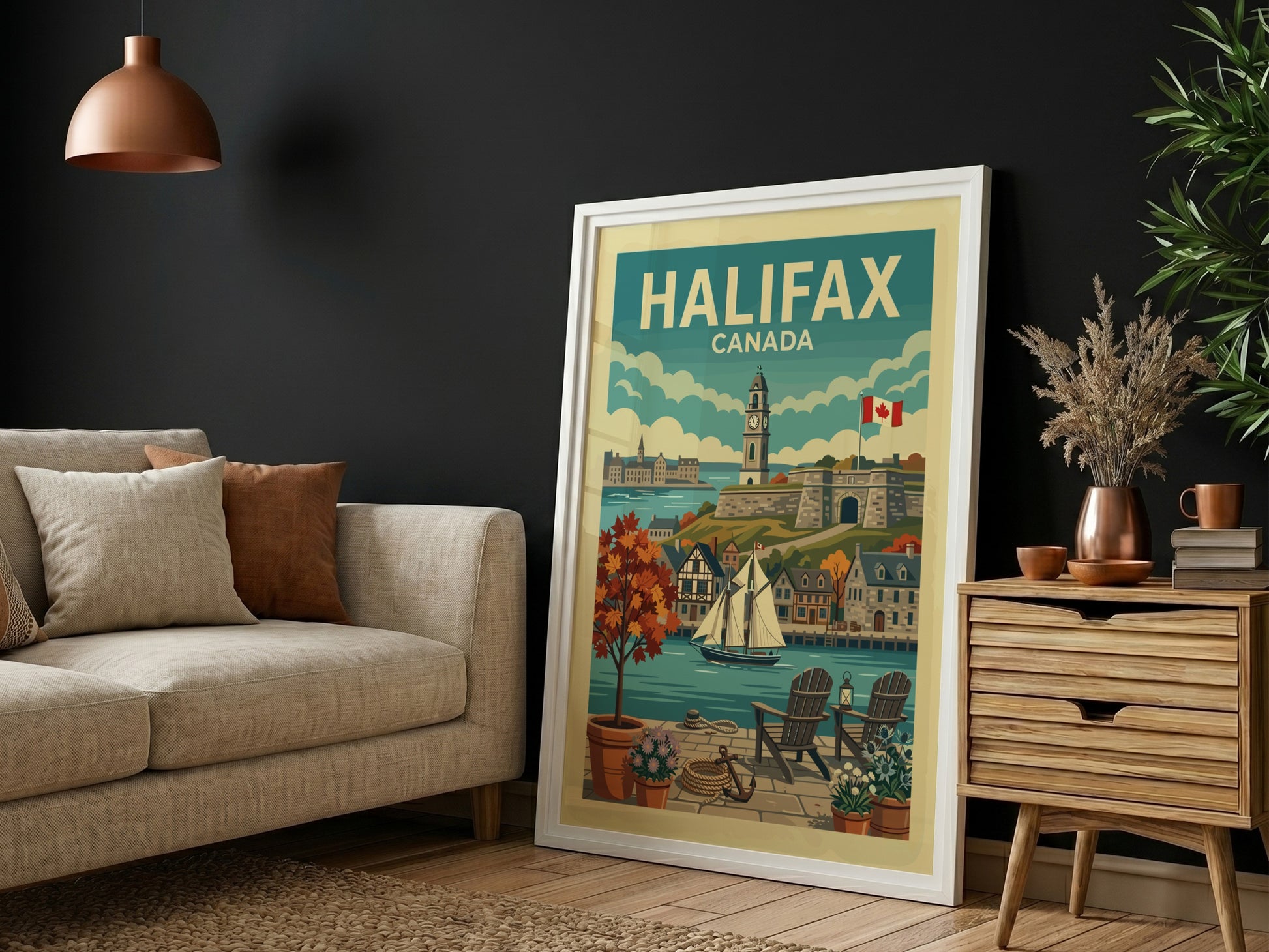 Vintage travel poster of Halifax Harbour, Canada, featuring a sailboat and clock tower.