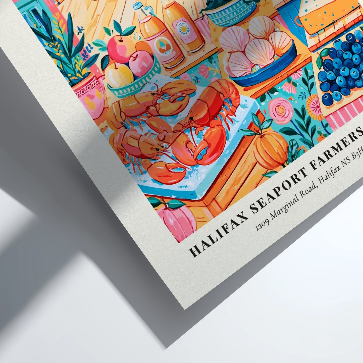 Halifax Seaport Farmers Market poster featuring colorful produce and seafood in a vibrant style