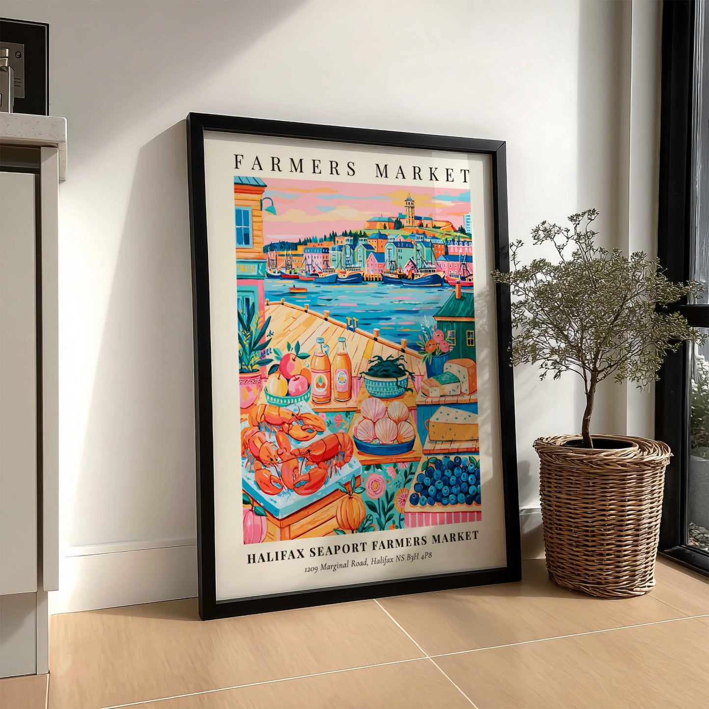 Halifax Seaport Farmers Market poster featuring colorful produce and seafood in a vibrant style