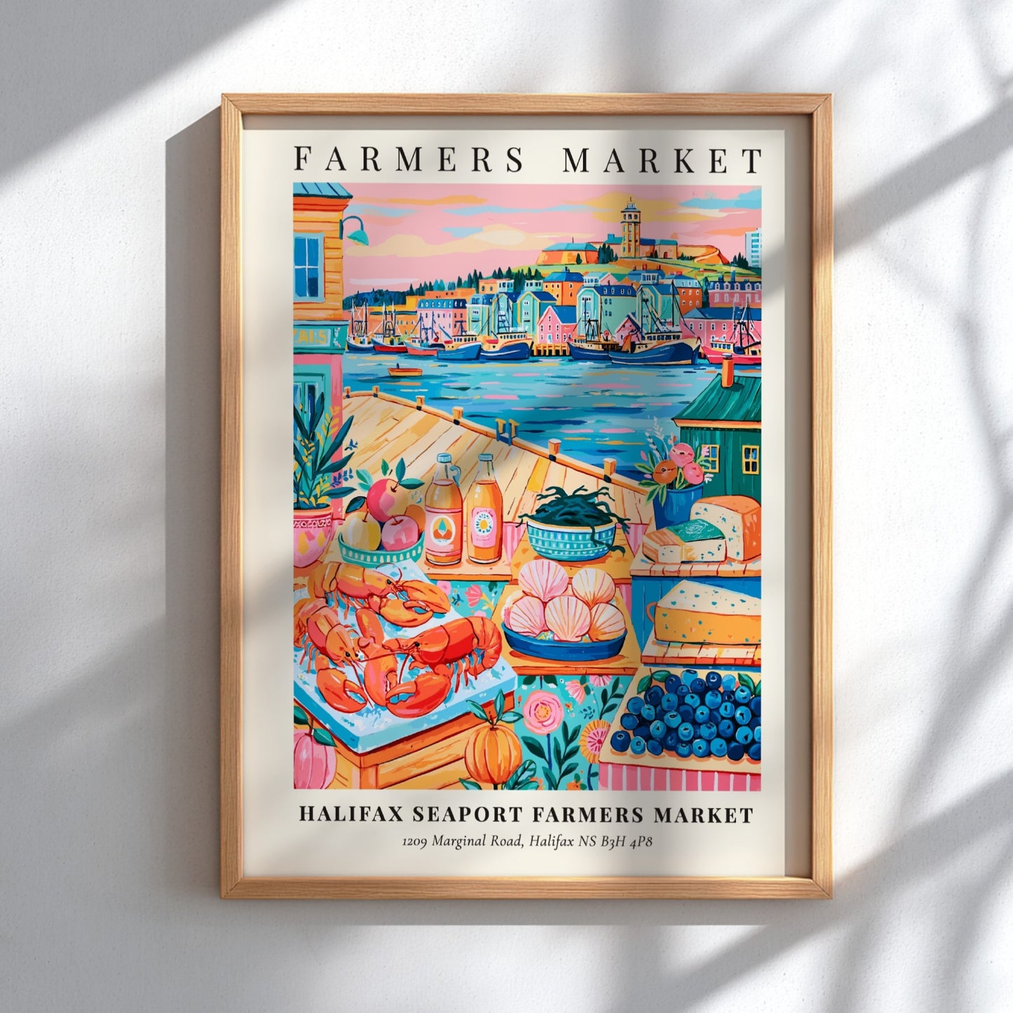 Halifax Seaport Farmers Market poster featuring colorful produce and seafood in a vibrant style