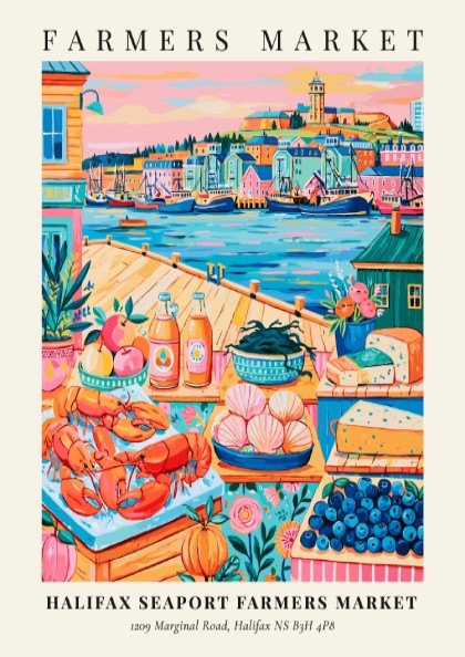 Halifax Seaport Farmers Market poster featuring colorful produce and seafood in a vibrant style