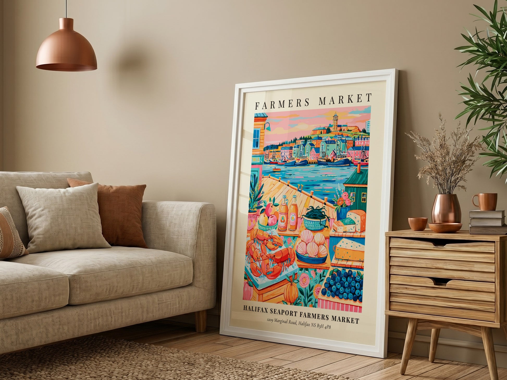 Halifax Seaport Farmers Market poster featuring colorful produce and seafood in a vibrant style