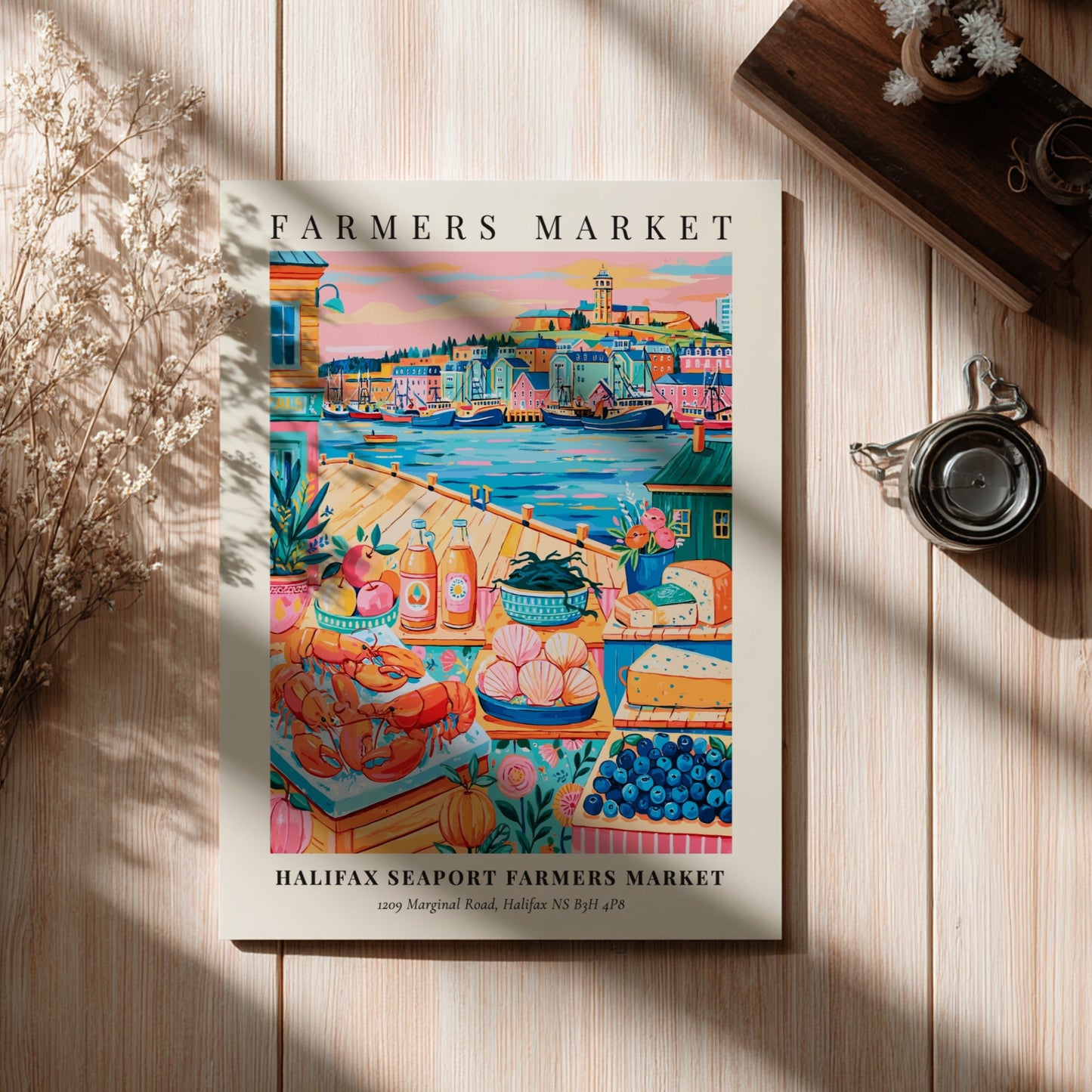 Halifax Seaport Farmers Market poster featuring colorful produce and seafood in a vibrant style