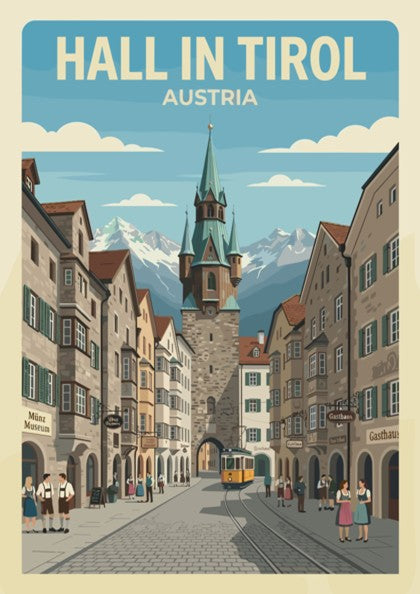 Travel poster of Hall in Tirol featuring a historic tower and alpine mountains.