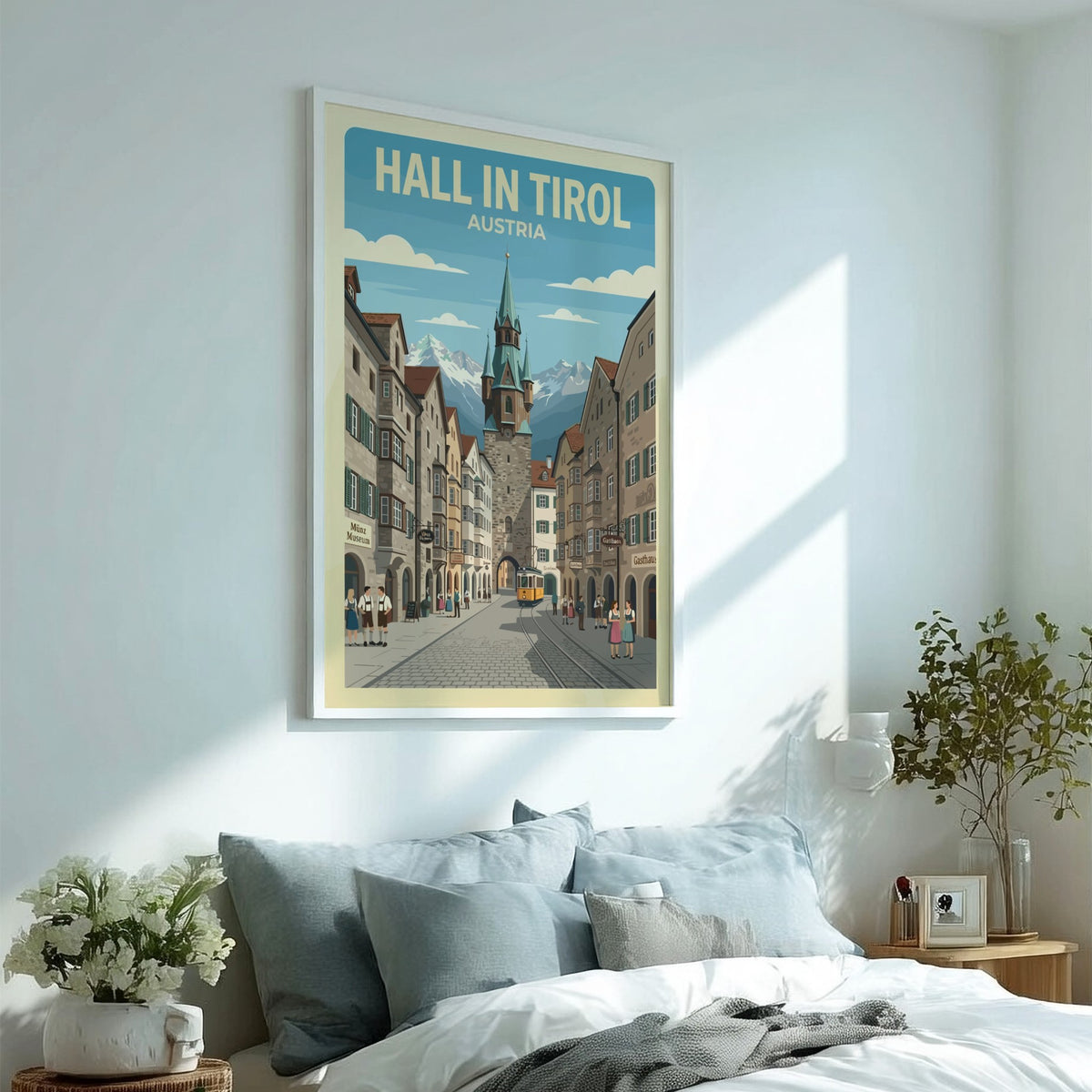 Travel poster of Hall in Tirol featuring a historic tower and alpine mountains.