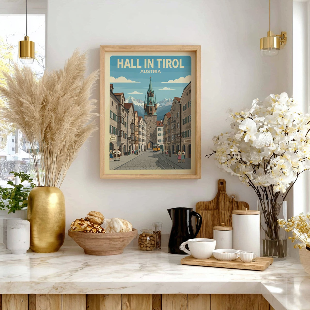 Travel poster of Hall in Tirol featuring a historic tower and alpine mountains.